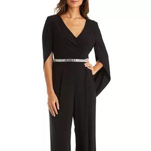 R & M RICHARDS Black Back Scarf Wrap Jumpsuit with Embellishment - Size 14P